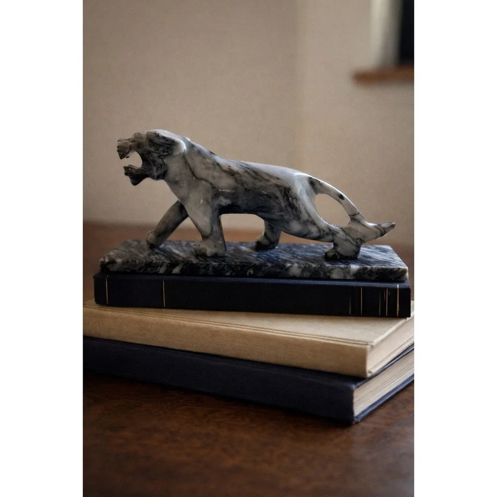 Vintage Marble Panther Statue Black White Stone Sculpture Mid Century Modern
